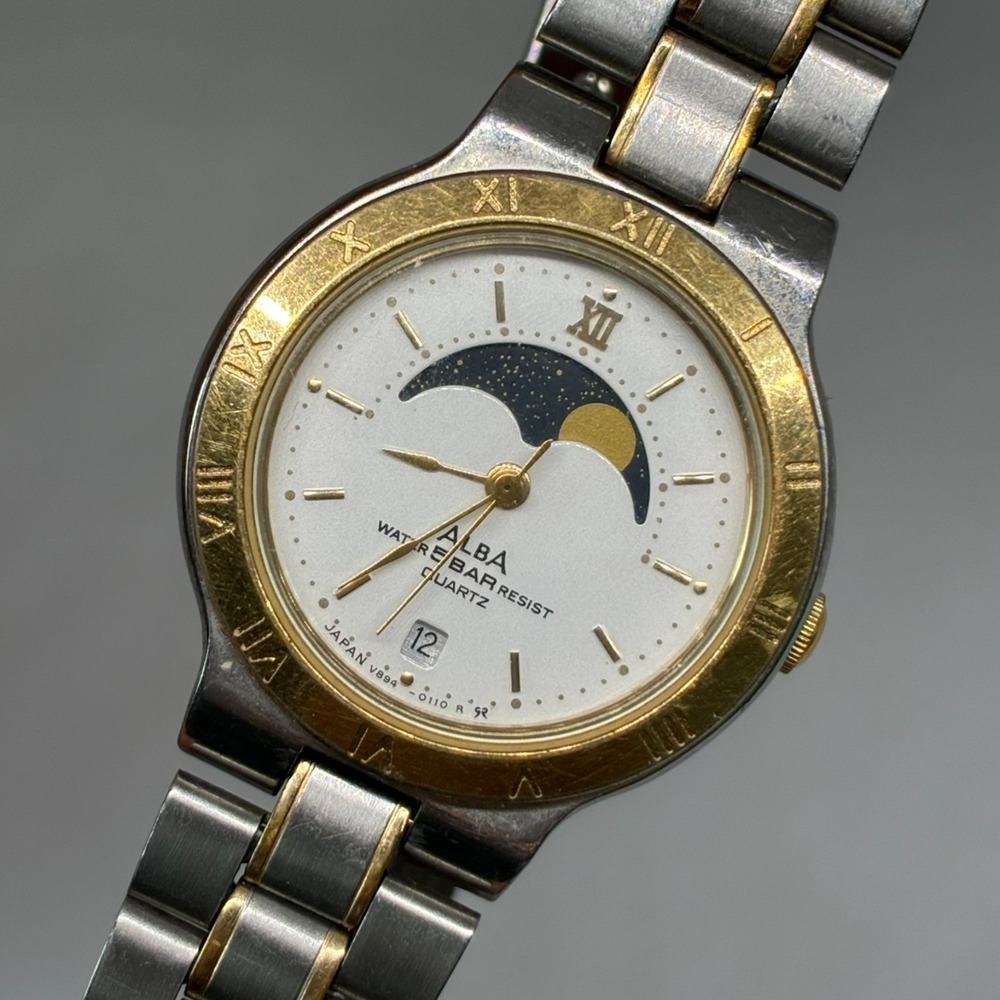 Vintage Seiko Alba V894-0060 Moonphase Two-Tone Womens Watch